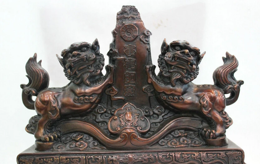 

Collectible bronze S1478 16" Chinese Asian House Feng Shui Pure Bronze Foo Fu Dog Lion Hold Ruyi Statue