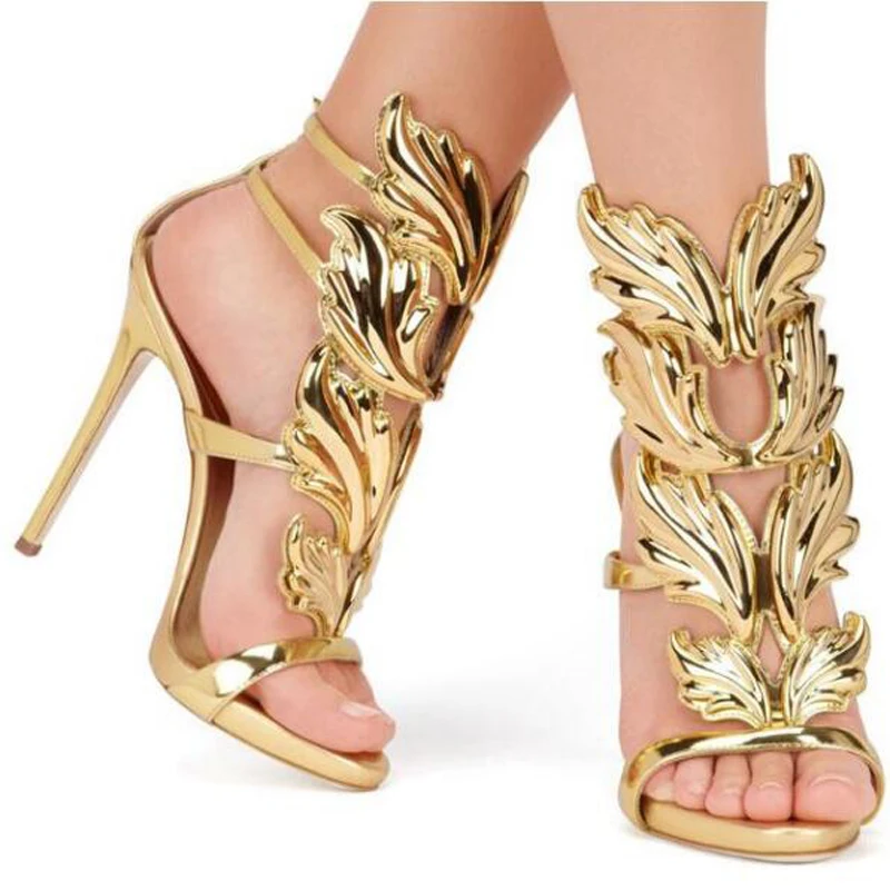 

Women's high-heeled sandals, golden leaf gladiator sandals, Gladiator's sandals, party shoes, patent leather high-heeled