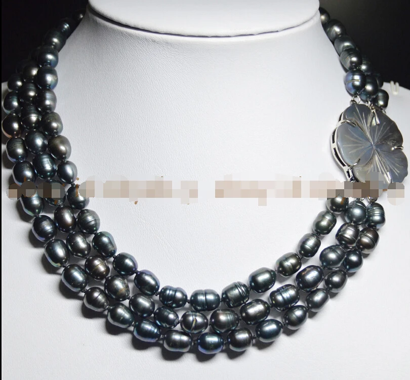 

Free shipping >>>>>NATURAL 3 ROWS 9-10MM BLACK TAHITIAN CULTURED PEARL JEWELRY NECKLACE FLOWER CL