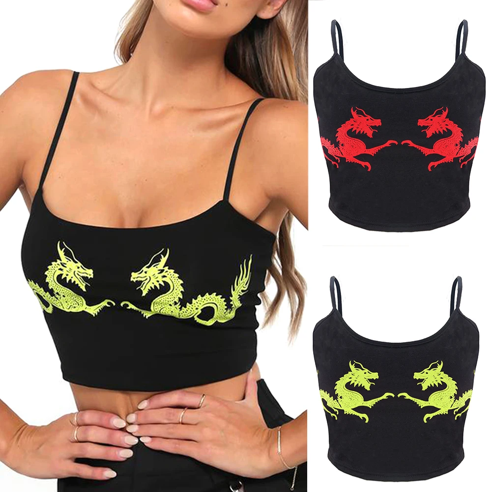 Women Summer Fitness Dragon Pattern Sleeveless U Neck Cropped Casual Fashion Sexy Polyester Crop Tops Straps Attractive Tight