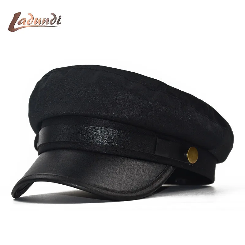 

LADUNDI 2019 Beret Word PU Leather Flat Top Cap Cotton Wild Breathable Duck Tongue Octagonal Cap Female England Seasons Unisex