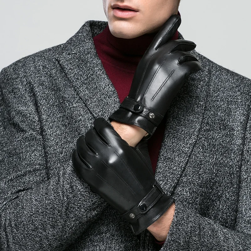 KLSS Brand Genuine Leather Men Gloves Autumn Winter Plus Velvet Thermal High Quality Goatskin Glove Touchscreen Optional 09