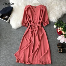Fitaylor новое длинное платье с v-образным вырезом Vestido летнее женское вечернее повседневное элегантное платье с поясом и высокой талией Vestidos