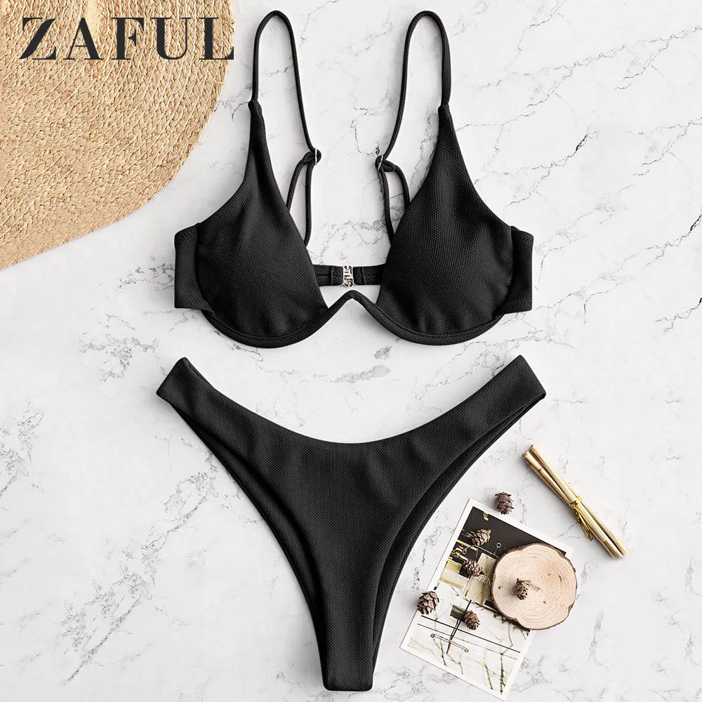  ZAFUL Sexy Plunging Neck Thong Bikinis Set Underwired Plunge Bathing Suit Spaghetti Straps Padded F