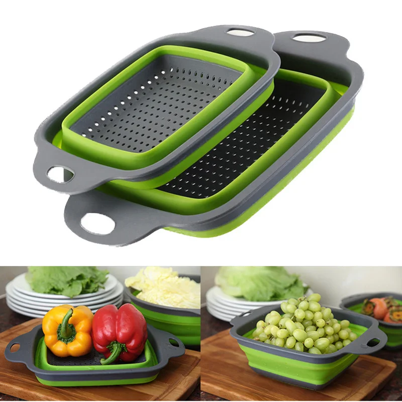 2pcs Foldable Fruit Vegetable Washing Basket Strainer Portable Silicone