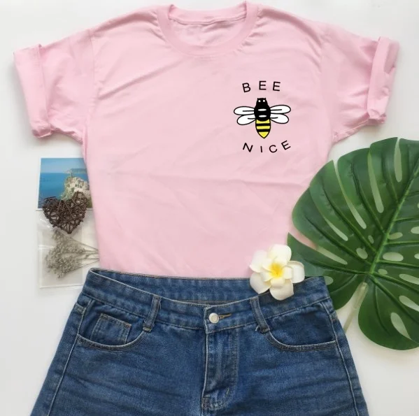 kuakuayu-XSX White Pink Bee Kind Print Women Causal T Shirt Women Vegan Tops Nature Lover Beekeeper Shirt Save The Earth Day Top