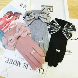 Новый корейский сенсорный экран Перчатки кашемировая шерсть с бантом теплые вязаные женские весна зима Перчатки розовый серый черный