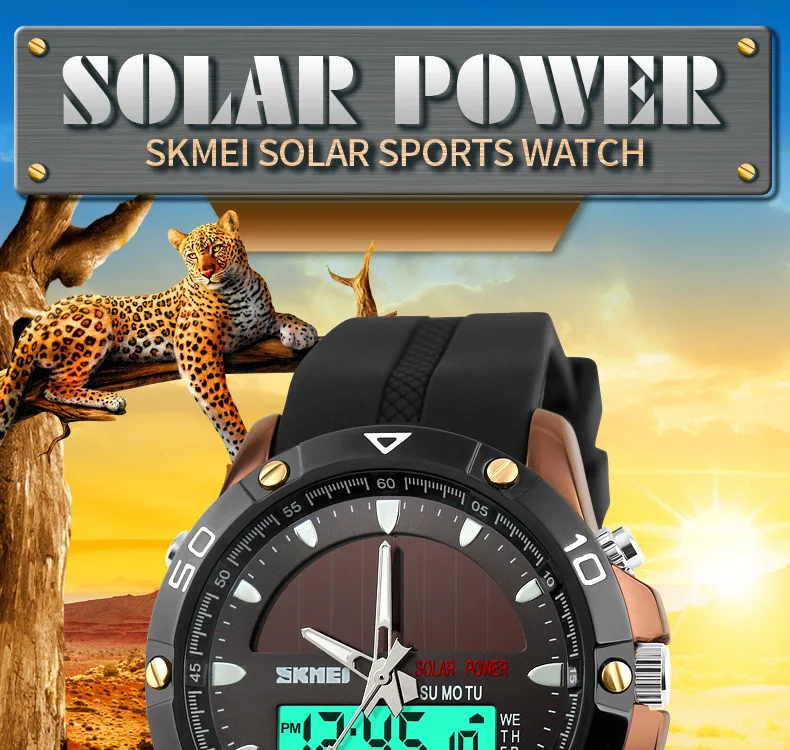 SKMEI солнечные наручные часы с двойным дисплеем спортивные часы с хронографом и будильником 50 м водонепроницаемые кварцевые наручные часы с полным календарем 1064