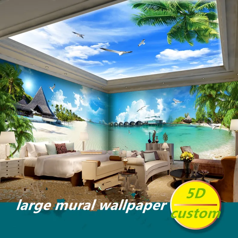 

Custom 5D silk large murals wallpaper seaside seascape beach murals coconut trees mediterranean wallpaper natural landscape back