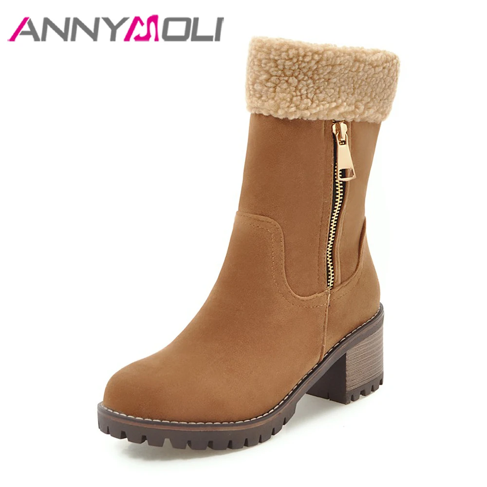 

ANNYMOLI Women Mid Calf Boots High Heels Winter Shoes New Square Heels Autumn Shoes Green Female Boots Green Warm Large Size 39