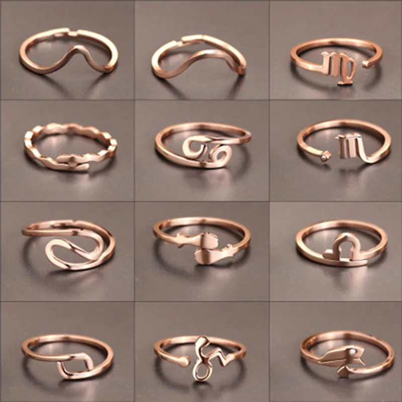 2018 New Design 12 constellations Zodiac Sign Finger Rings Rose Gold color 316 titanium steel Adjustable size Women's Rings S3