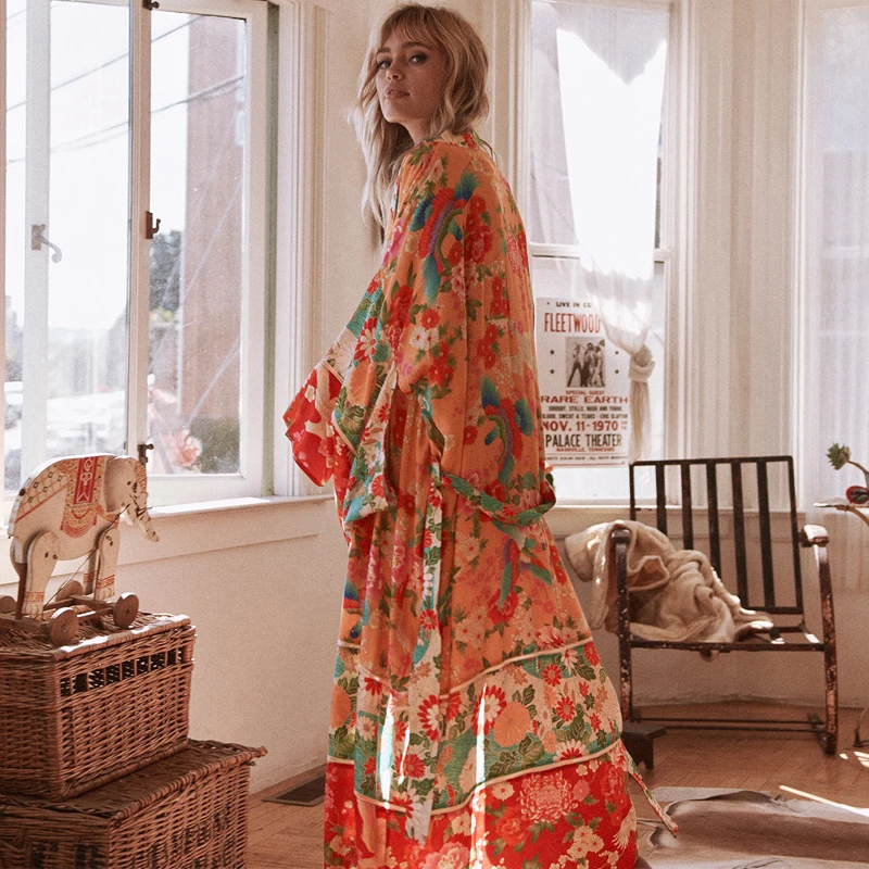Günstig 2019 frauen Chiffon Kimono Strickjacke Floral Gedruckt Langarm Gürtel Casual Lose Lange Outwear Dünne Abdeckung Ups Bademode Plus Größe