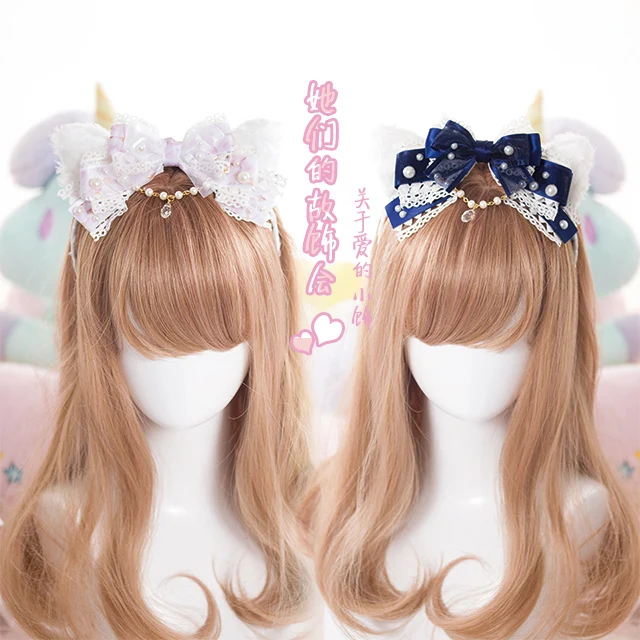 

Sweet lolita princess hairpinb Handmade lace bow hair cat ear Pearl crystal hairpin headband LOLITA KC big bow headdress GSH006