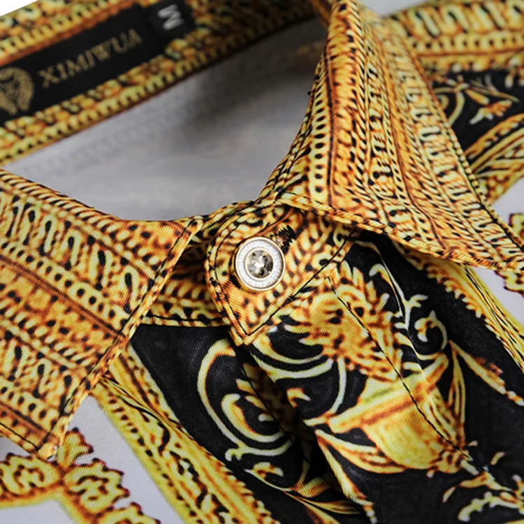 XIMIWUA Лидер продаж модная мужская рубашка Повседневная приталенная с длинным рукавом высокого качества с золотым принтом Chemise Homme