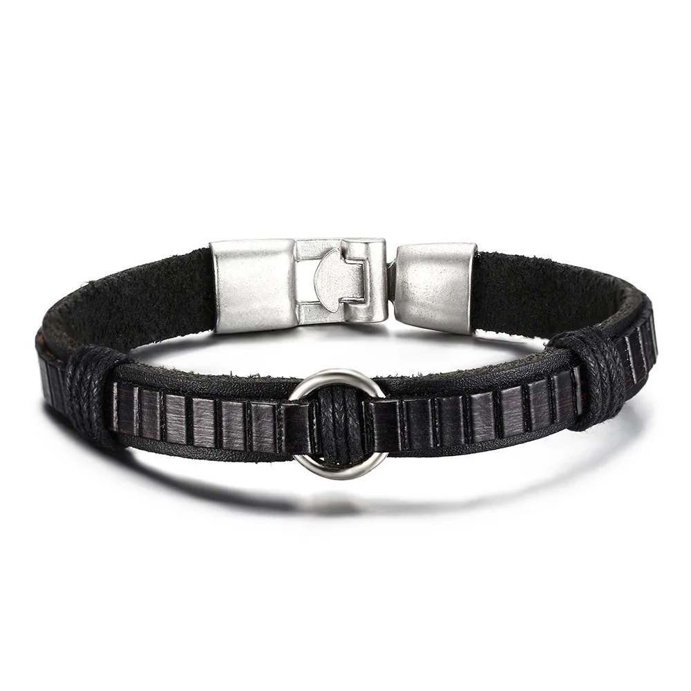 Мужской черный кожаный браслет из сплава пряжка хлопья манжета браслет мужской браслет ювелирные изделия подарок для нее 8,6 дюймов