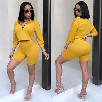 

Women Clothes Set Suit Autumn Long Sleeve V-neck Crop Top Shorts Outfit Workout Clothing Solid Tracksuit 2PCs