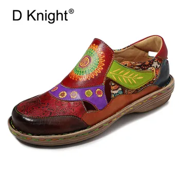 

New Genuine Leather Women Flats Handmade Floral Retro Super Soft Flat Platform Shoes For Woman Summer Casual Sandals Hole Shoes