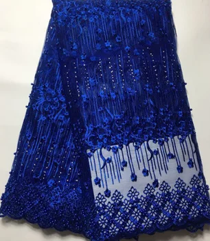 

High Quality Nigerian Lace Fabrics 2018 With beads African French Net Lace Fabric Embroidered Tulle Mesh Fabric Party YL678 blue