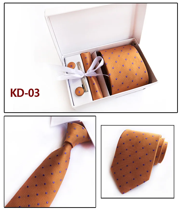 Новинка, модный галстук, набор, полиэстер, шелк, 8 см., галстуки в горошек, мужские галстуки для мужчин, галстук, платок, запонки, подарочная упаковка, KD01