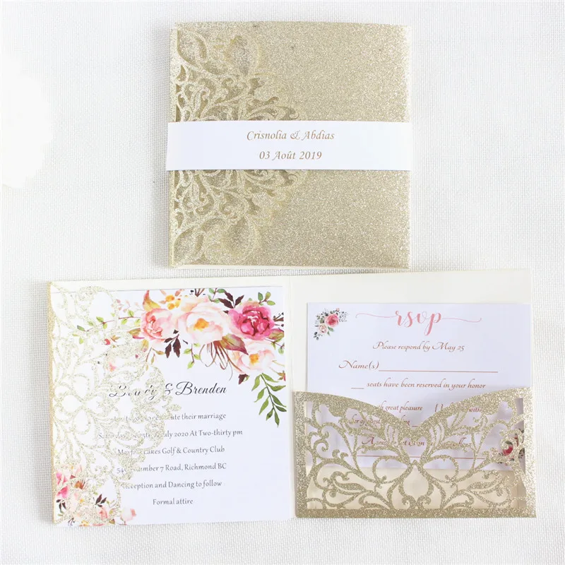 

Luxury invitations for wedding with belly band envelop glittery gold paper personalized printing 50 sets