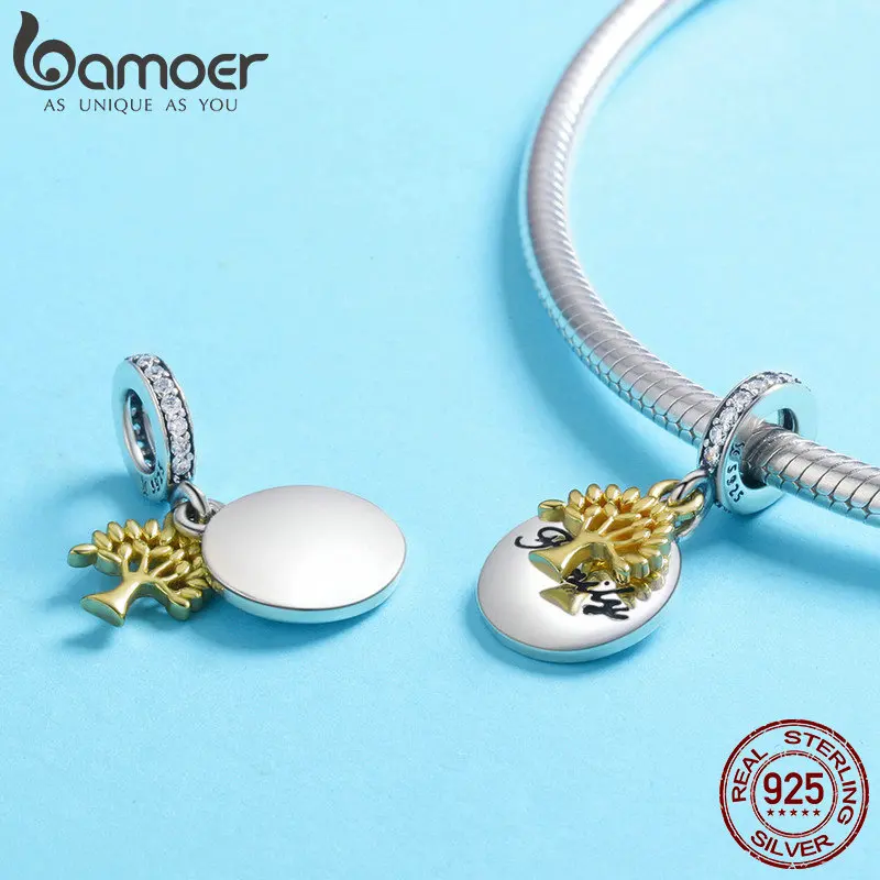 BAMOER Fashion New 925 Sterling Silver Family Tree Gold Color Tree CZ Charm fit Women Bracelets Necklaces DIY Jewelry SCC816