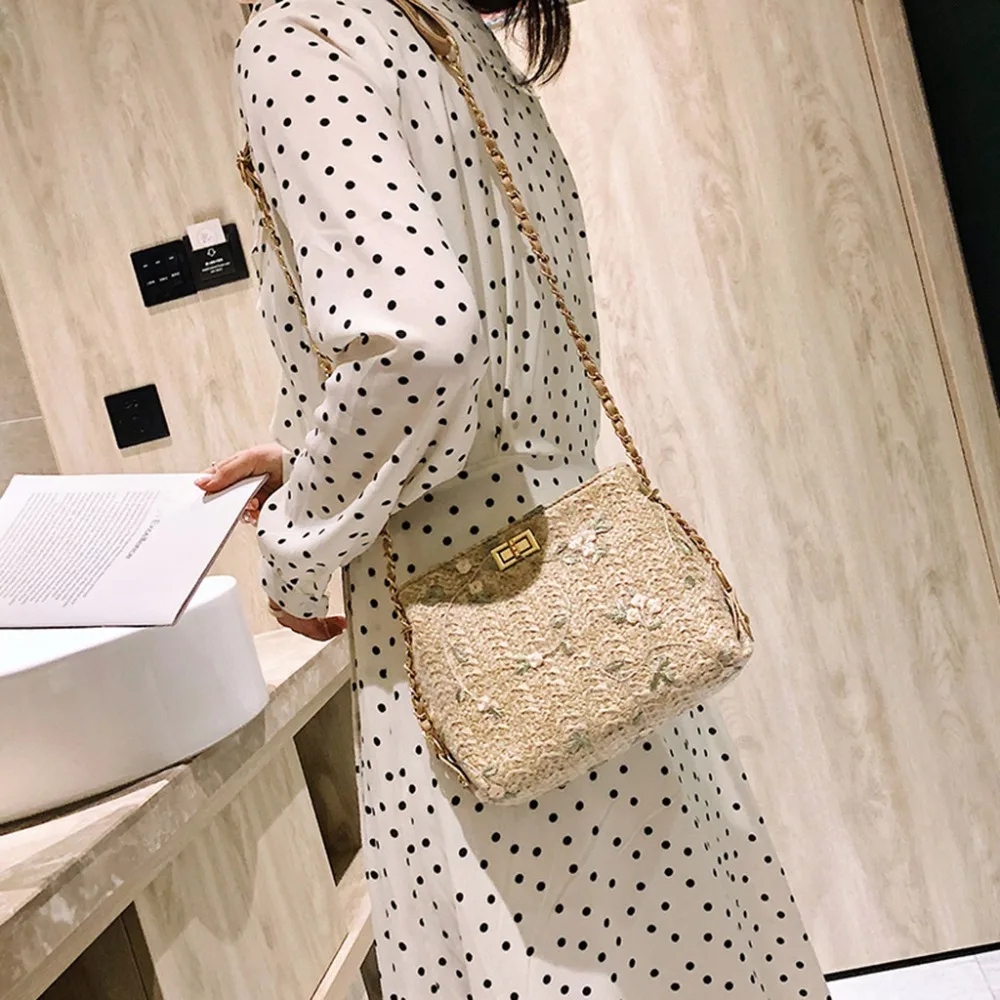

Women Beach Lace Embroid Straw Bucket Bag Burlap Square Bag Messenger Bag 0506