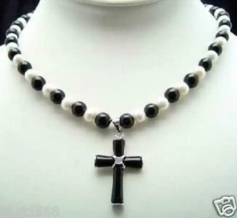 WAN white pearl black cross pendant 