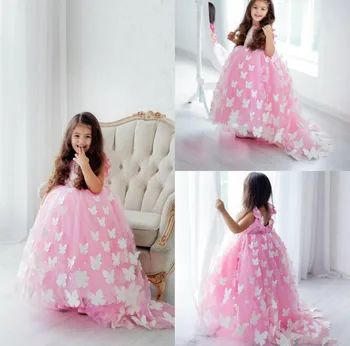 

Pink Flower Girl Dress with White Handmade Butterfly Tutu Pageant Gowns Cute Princess Dress for Birthday Christams Custom Made
