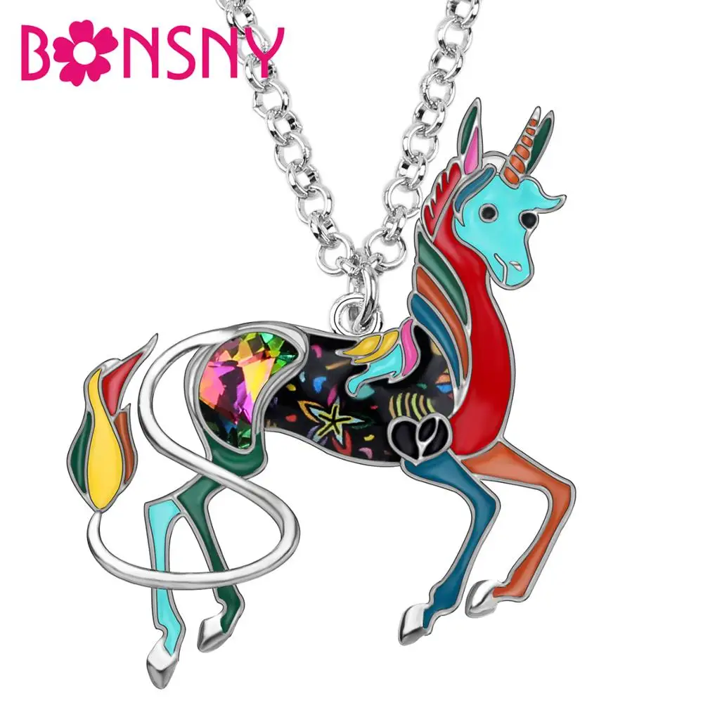

Bonsny Enamel Alloy Rhinestone Magic Fairy Unicorn Pendant Necklace Collar Chain Jewelry For Women Girls Charms Lots Gift