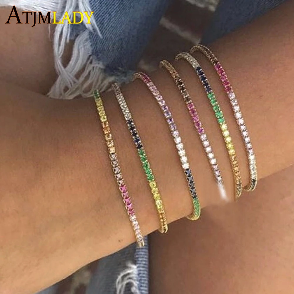 

Wholesale Colorful Round Rainbow Color Charm AAA CZ slider Adjustable dainty tiny thin Bracelet bling bling jewelry for Women