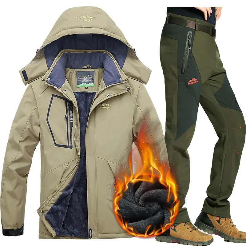 Лыжные костюмы для мужчин, водонепроницаемая флисовая зимняя куртка, брюки, термо лыжные куртки для мужчин, уличная одежда для горного сноуборда, комплект размера плюс - Цвет: Khaki   Army green