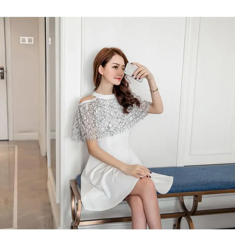 2018 New Arrivals Summer Women dress Short Sleeve Slim Hollow Out Lace A Word Is Bitter Fleabane Dresses Free Shipping