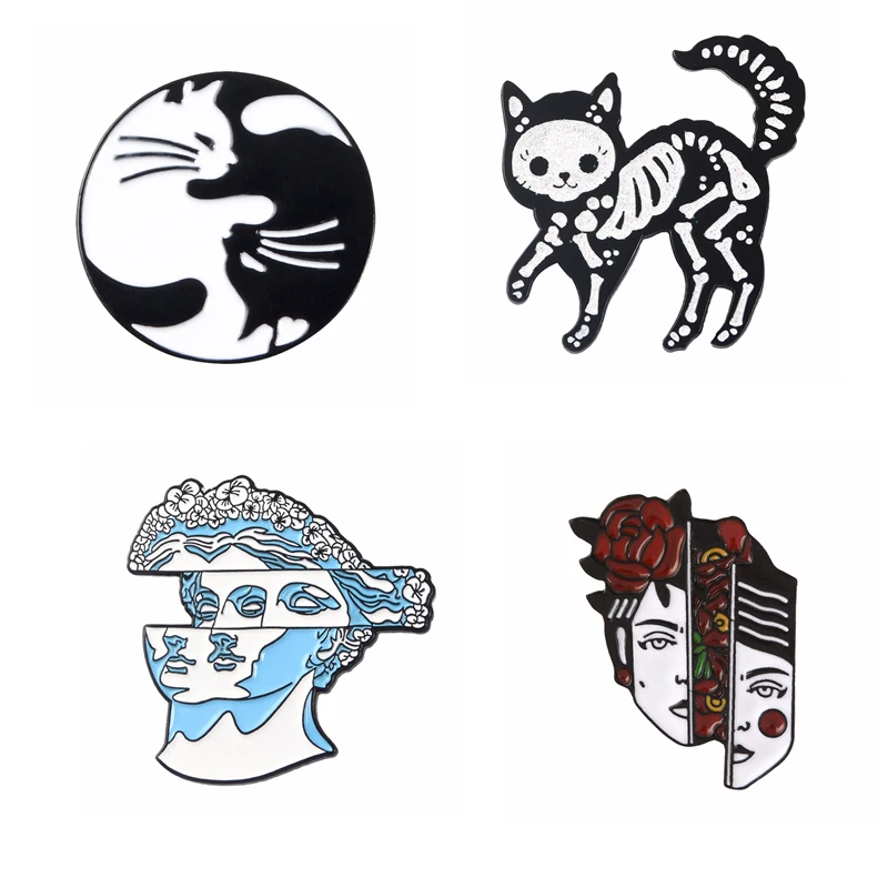 

Skeleton Animal Cat Creative Unique structure Split Face pin Enamel brooch Button Badge Lapel pin bag jewelry Gift for friend