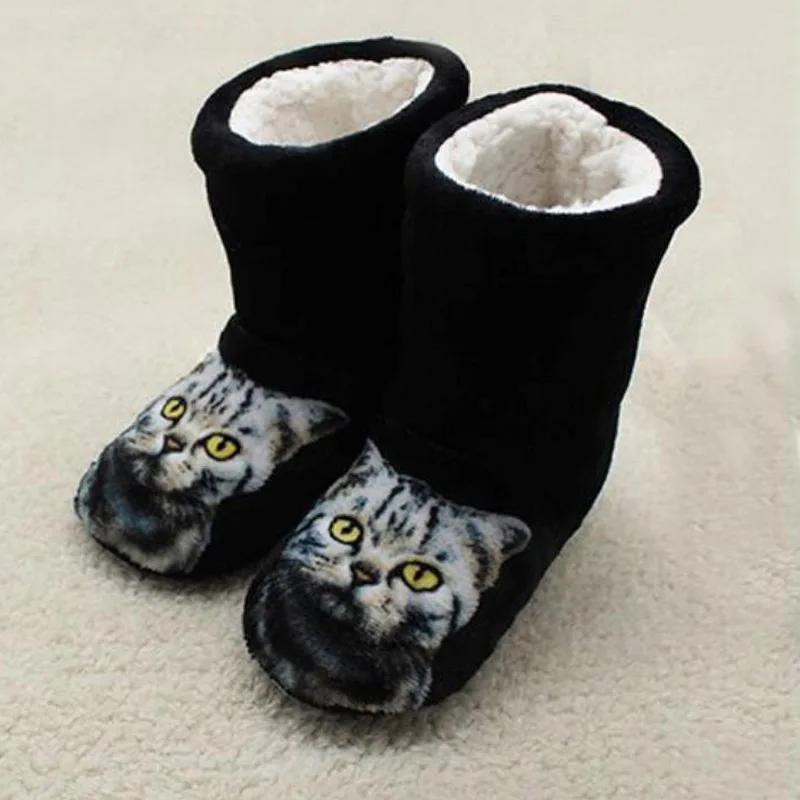 Новинка; теплая зимняя домашняя обувь для девочек и мальчиков; впитывающая пот обувь с рисунком кота из мультфильма; домашняя обувь с мягкой подошвой; женские хлопковые ботинки для взрослых - Цвет: 02 Black