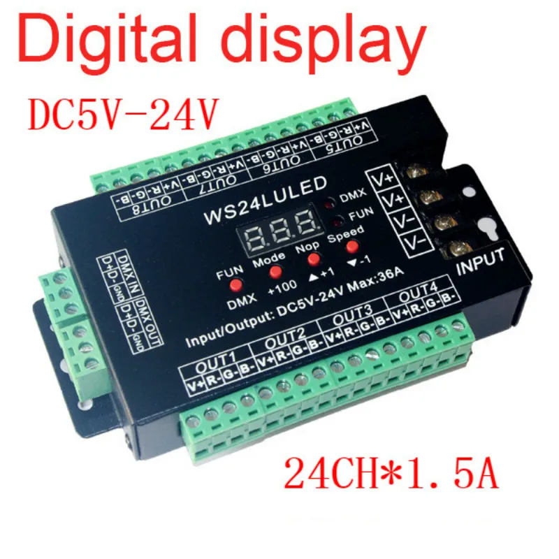 

DC5V-24V Digital display 24CH Easy dmx512 DMX decoder,LED dimmer each channel Max 3A,24CH*1.5A, 24LU led 8 groups RGB controller