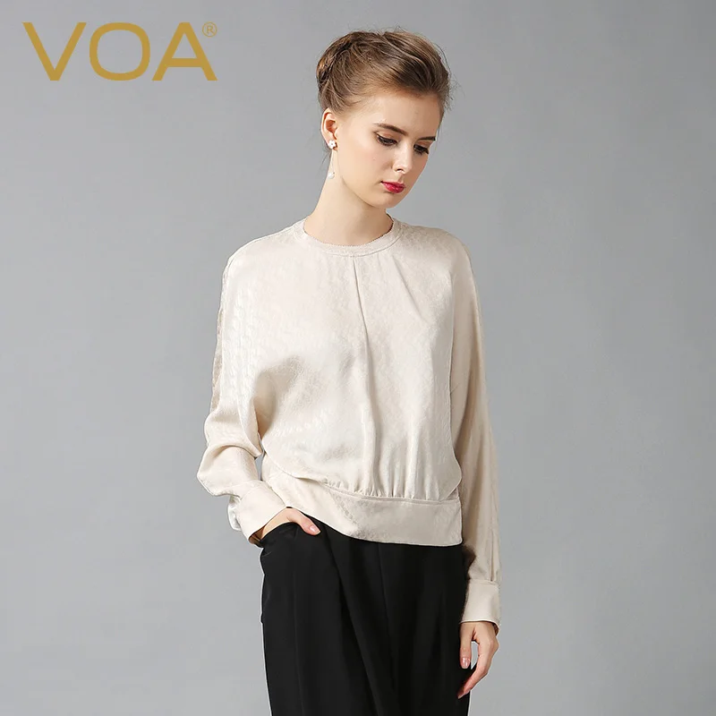 

VOA 100% Silk T Shirt Women Bat Long Sleeve Ladies Tops Casual Pullover Beige Female Loose Tee Spring Plus Size Clothes B6288