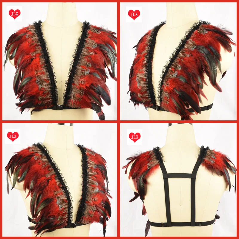 Sexy Multicolor lace feather bra Harness belt &Feather bralette top