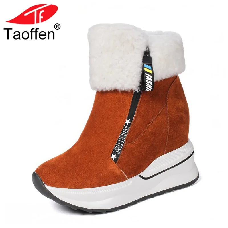 

Taoffen Women Genuine Leather Ankle Boots Winter Plush Fur Women's Shoes Zipper Wedge Boots Platform Warm Shoes Size 32-40