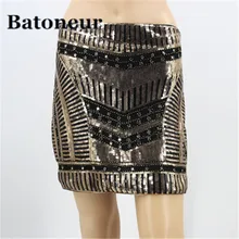 Bling ночной клуб DJ певица мини Сетка блесток Юбка Saia Ретро 1920 s 30 s Вышивка бисера барокко золото Для женщин вечерние юбка