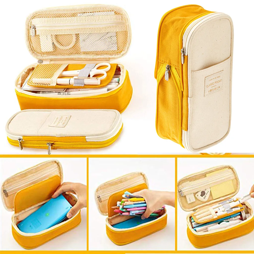 

Pencil Case Color Zipper Canvas Stretch Double Layer Large Capacity Pencil Box Bag Cute Pencilcase Pouch Kids School Stationery