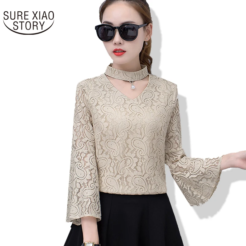

2019 New Arrival Fashion Spring Long Flare Sleeved V-neck Lace Shirt Female Casual Elegant Plus Size All-match Shirt 174G 30