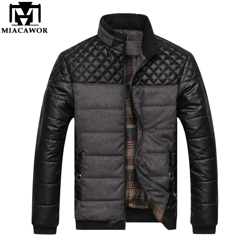 

MIACAWOR DropShipping New Autumn Winter Jacket Coat Fashion PU Patchwork Outwear Men Parka Casual Cotton-Padded Coat Jacket J481