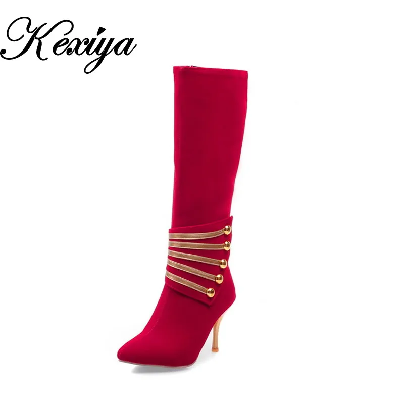 

Plus size 32-45 fashion winter women shoes sexy Pointed Toe red high heels Mixed Colors flock Knee High boots small size 32 33