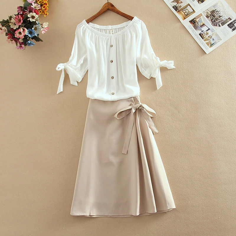 

2019 New Women Fashion 2 Piece Suit Slash Collar Off Shoulder Lantern Sleeve Linen Shirt A Line Wrap Skirt Suits Skirts Set