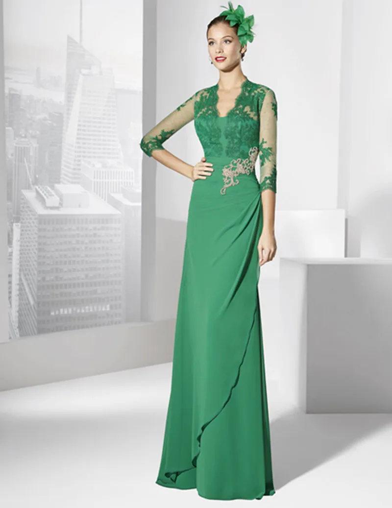 2017 Elegant Appliques 3/4 Sleeves Chiffon Sweep Train Evening Party Dresses Plus Size Mother of the Bride Alibaba China | Свадьбы и