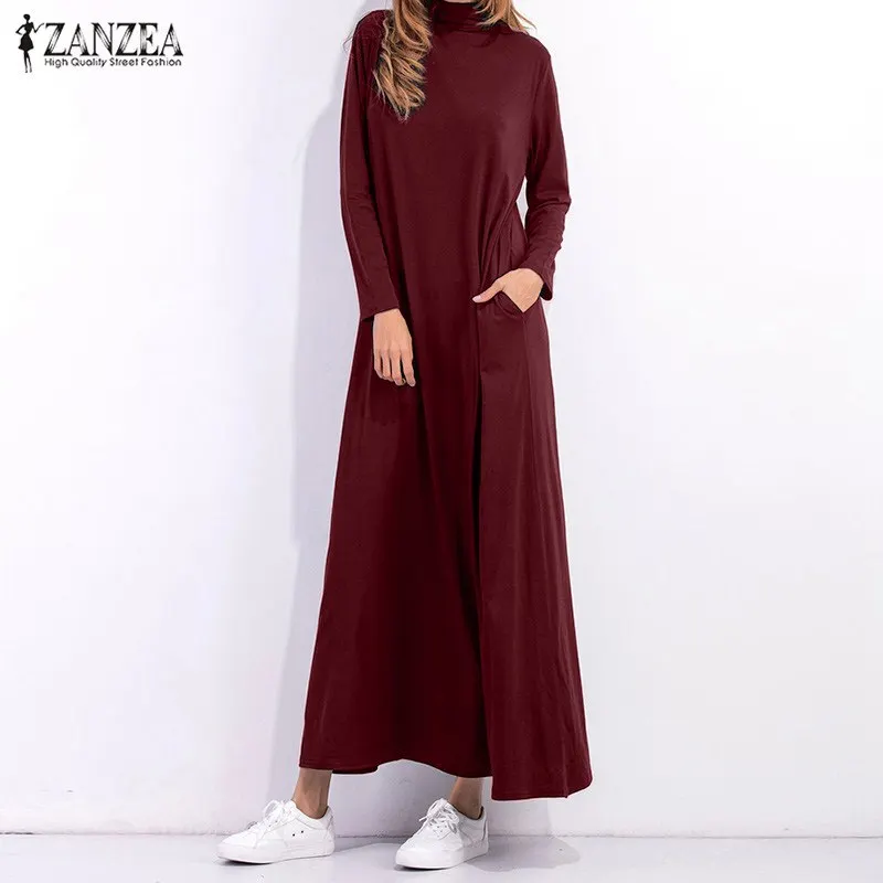 ZANZEA женское Макси длинное платье осеннее Ovei размер d Водолазка с длинным рукавом однотонное повседневное свободное платье размера плюс Vestidos S-5XL