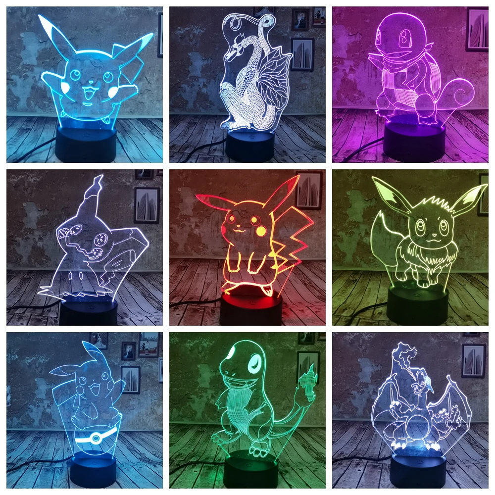 Прямая поставка креативный 3D ночник Pokemon Pikachu Eevee Charizard Charmander Squirtle 7 видов цветов