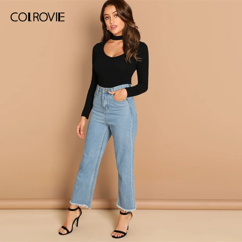  COLROVIE Black Solid Cut Out Choker Neck Sexy Knit T-Shirt Women 2019 Spring Fashion Elegant Long S