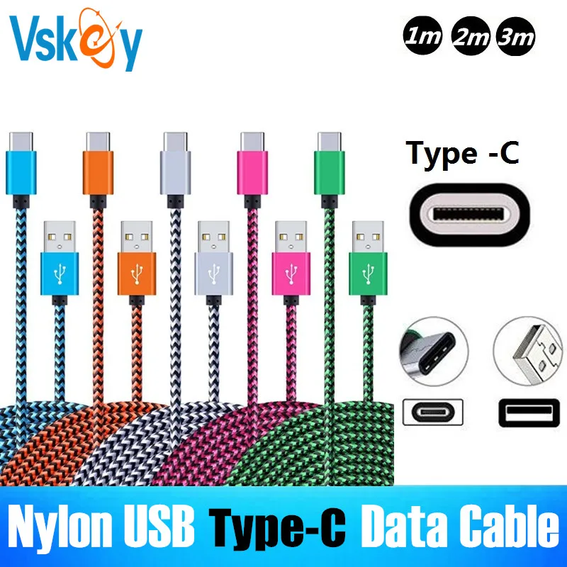 VSKEY 100 قطعة النايلون USB نوع C مزامنة كابل بيانات لسامسونج هواوي سوني LG Xiaomi الروبوت نوع-C الهاتف كابلات شحن 1 m 2 m 3 m