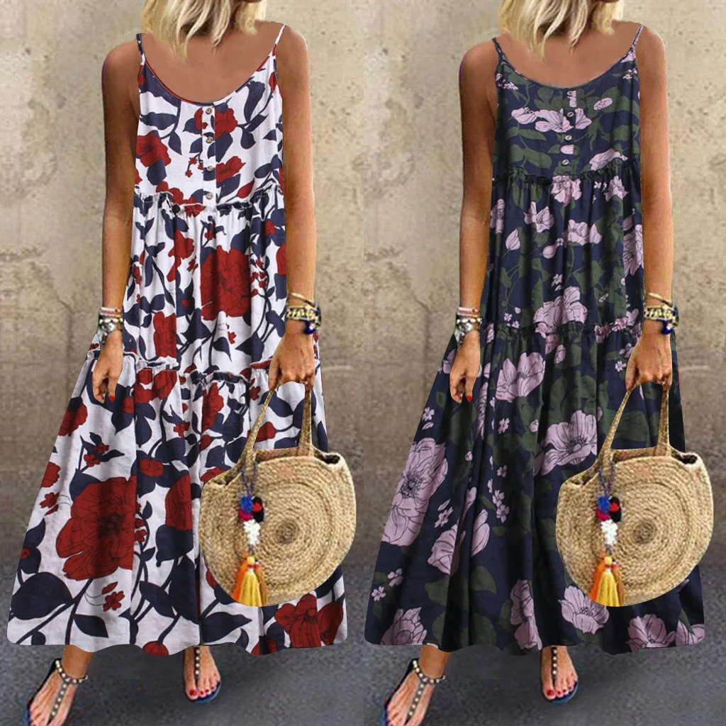 

Female clothing 2020 Women Plus Size Button Loose Sleeveless Boho Retro Linen Print Long Maxi Dress Elegant Women's Bodycon#5